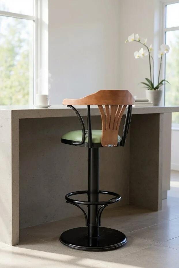 Dönerli Bar Sandalyesi – Yeşil Deri Oturum, İnegöl Ceviz Sırt 75 cm Yükseklik